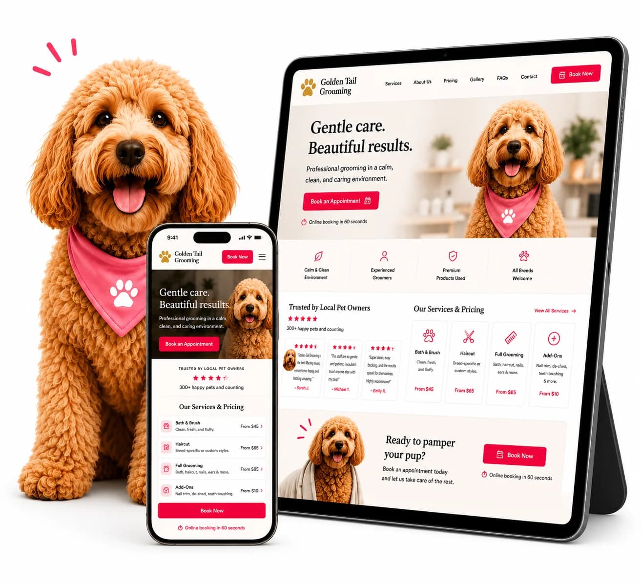 Pet grooming website shown on multiple devices